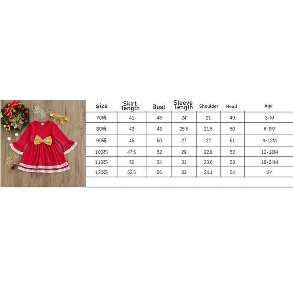 NWT Lace Trim Toddler Girls Christmas Flare Long Sleeve Dress w/ Gold Bow Set - Picture 6 of 6